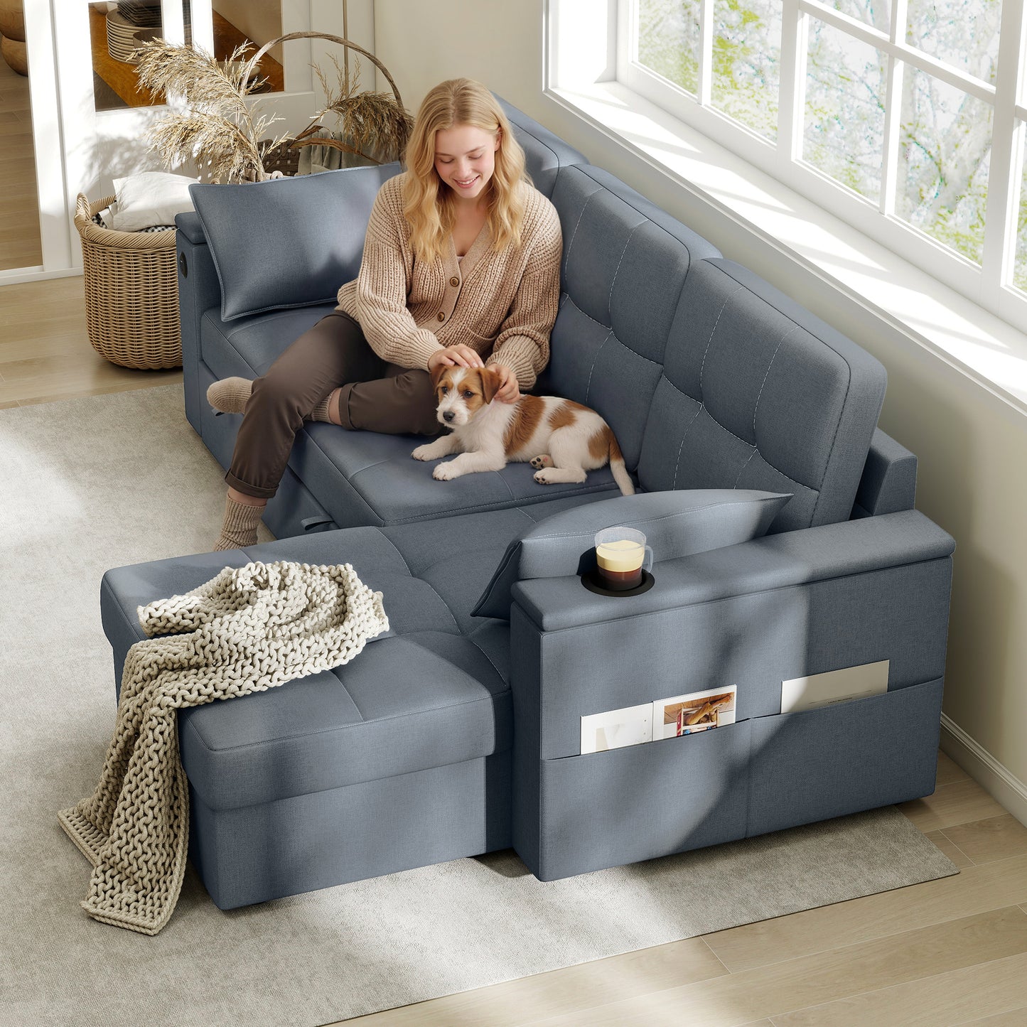Convertible Sectional Sofa Bed, Pull Out Sleeper Sofa Couch with USB-A+C, Chaise Storage, L-Shaped Futon Couch, Dark Grey
