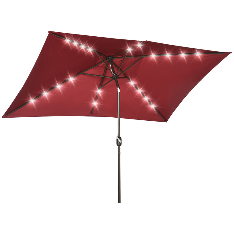 6.5x10ft Wine Red Aluminum Market Parasol with Solar LEDs