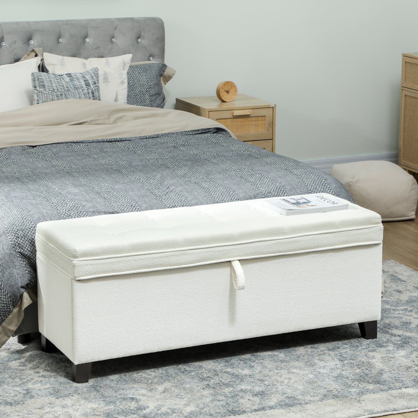 Storage Ottoman Bench, Foot Rest with Safety Hinges, 47 Inches Linen Storage Chest for Living Room, Cream White