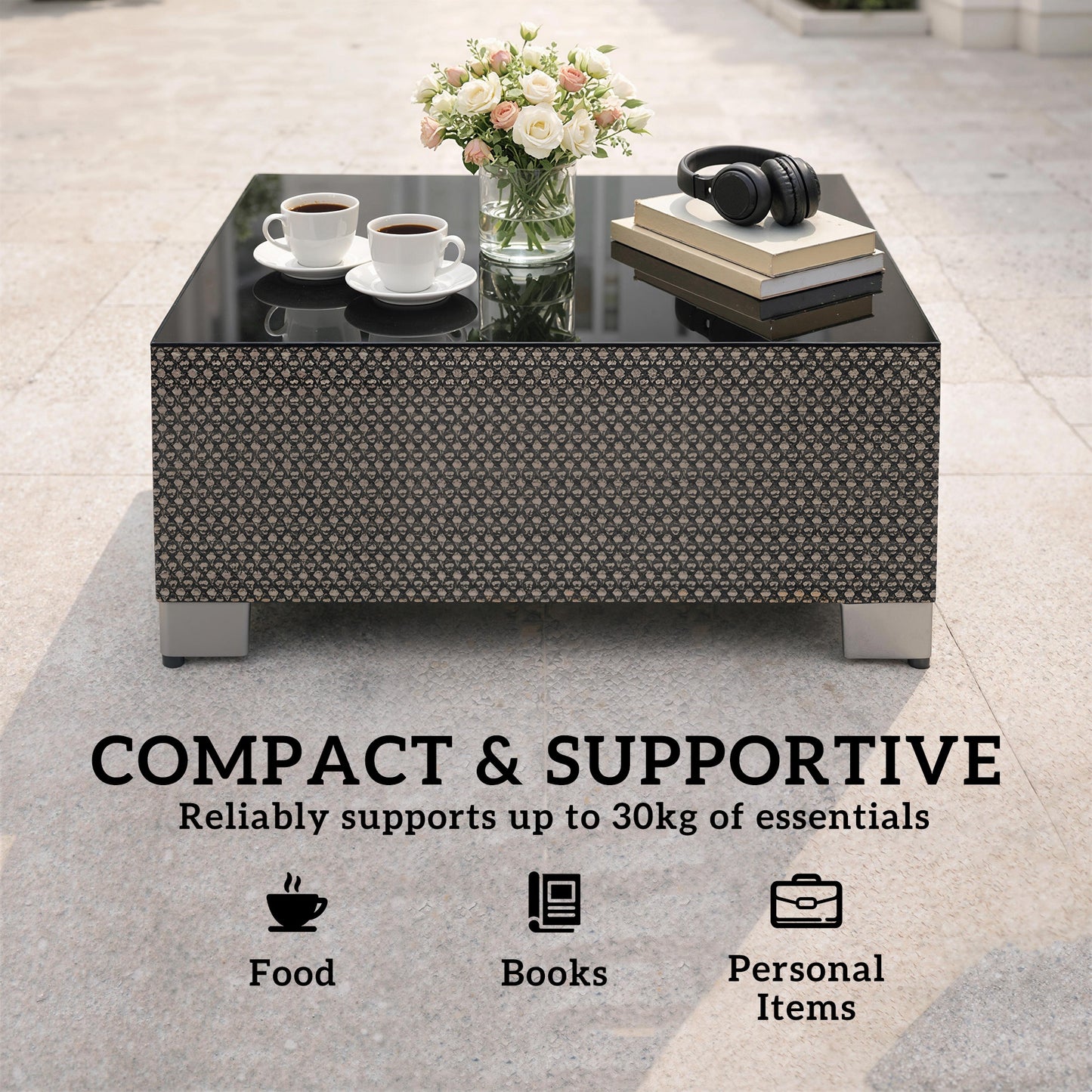 21.7" Square Patio Table, Small Outdoor Patio Coffee Side End Table with Tempered Glass Top, Black