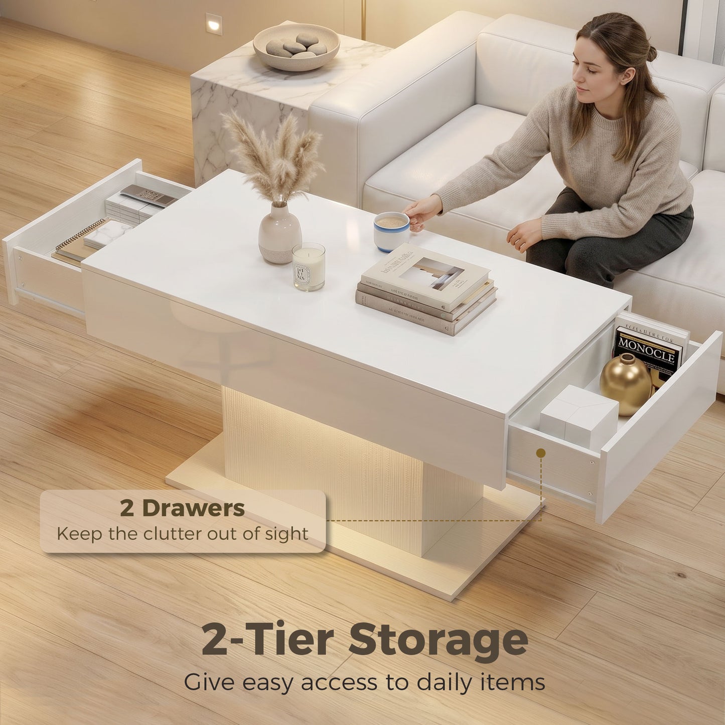 LED Coffee Table with Storage, High Gloss Modern Center Table with 2 Drawers and Remote Control for Living Room, White