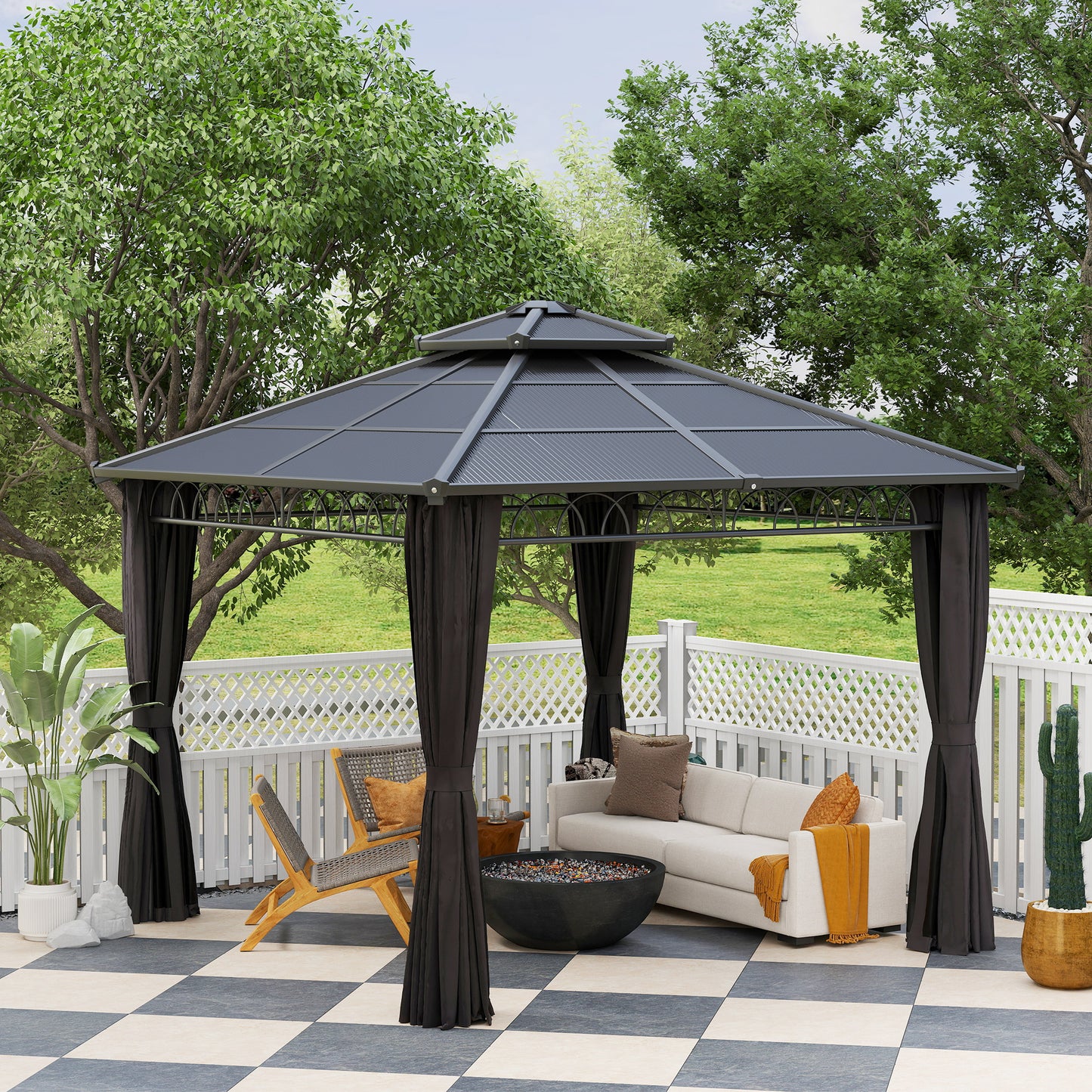 10' x 10' Outdoor Hardtop Gazebo Canopy with Double PC Roof, Steel Frame, Nettings, Curtains for Garden Lawn Deck, Black
