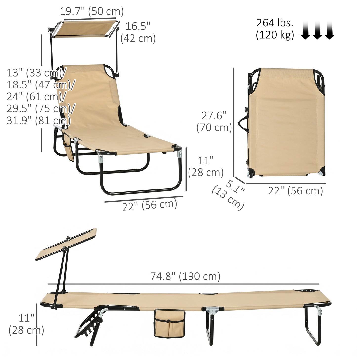 2 Piece Folding Outdoor Chaise Lounges, Pool Tanning Chairs with Reclining Back, Sunshade for Beach, Patio, Dark Grey