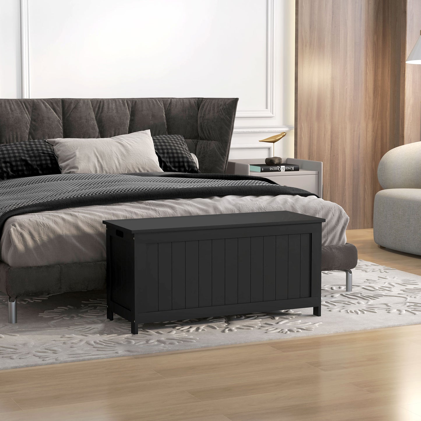 Storage Trunk with 2 Safety Hinges, Modern Entryway Bench with Side Handles, Storage Chest for Living Room, Black