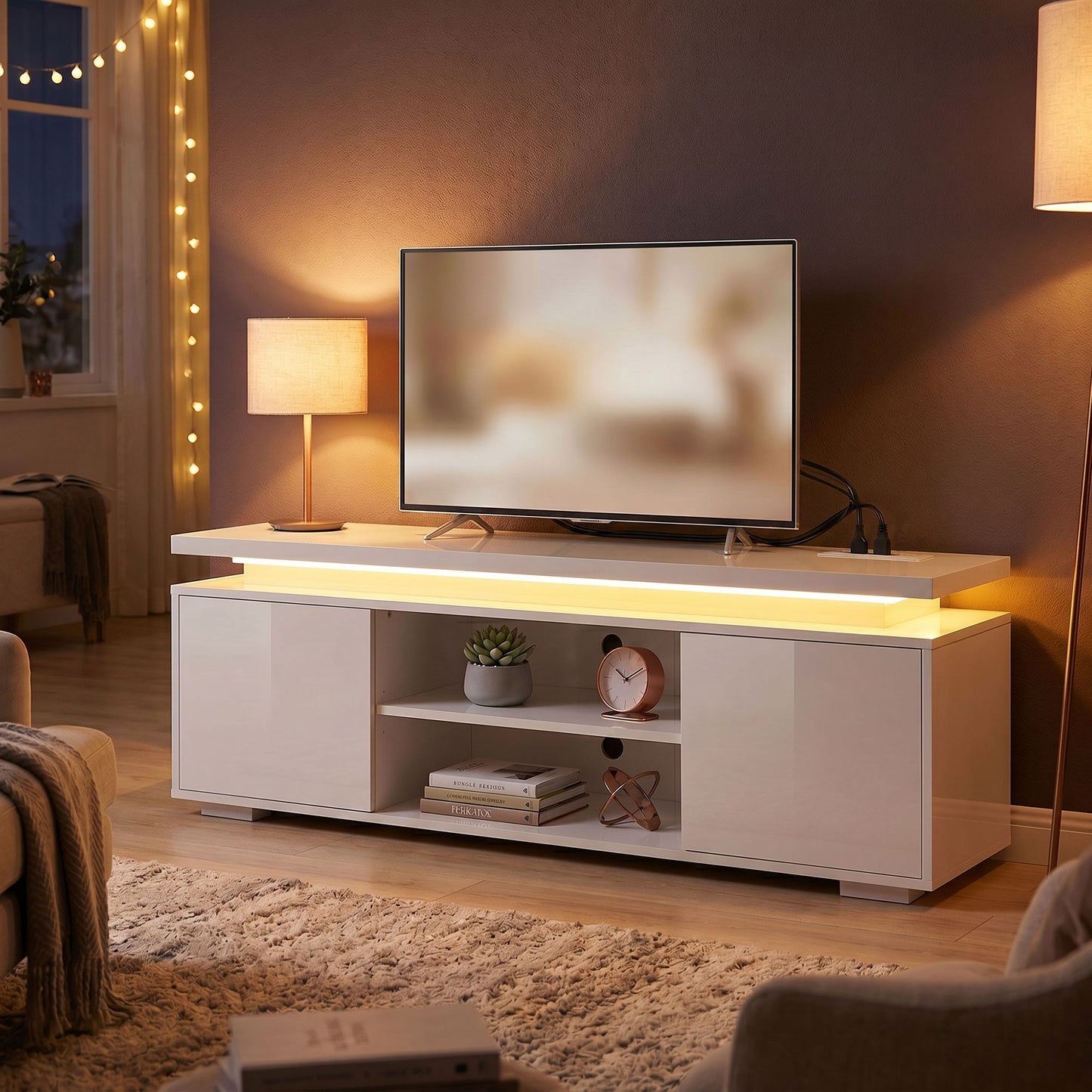 TV Stand for TVs up to 60 Inch, Modern Entertainment Center with LED Lights and Power Outlets, High Gloss White