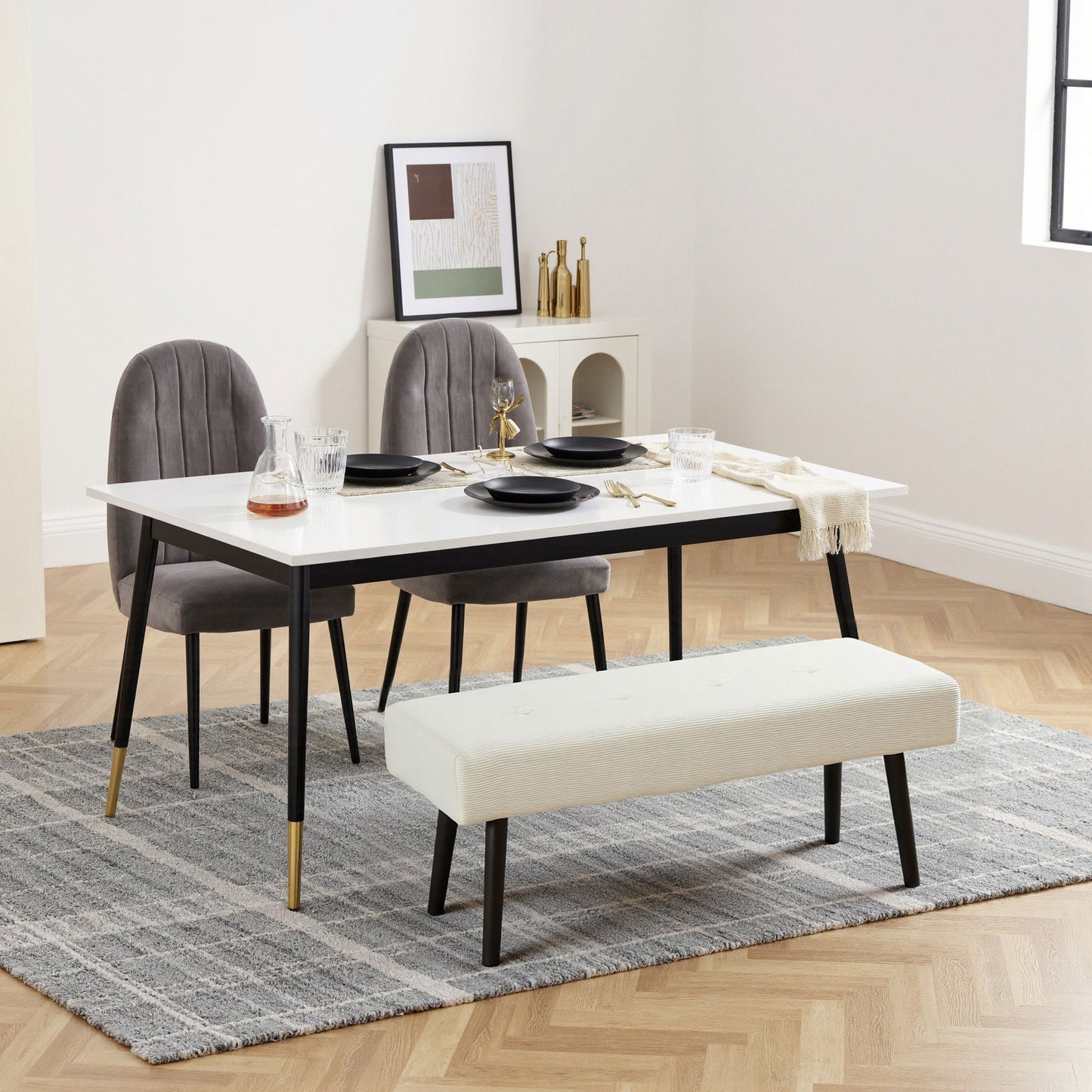 39" Upholstered Ottoman Bench, Corduroy Entryway Bedroom Bench with Padded Seat and Steel Legs for Bedroom, Cream White