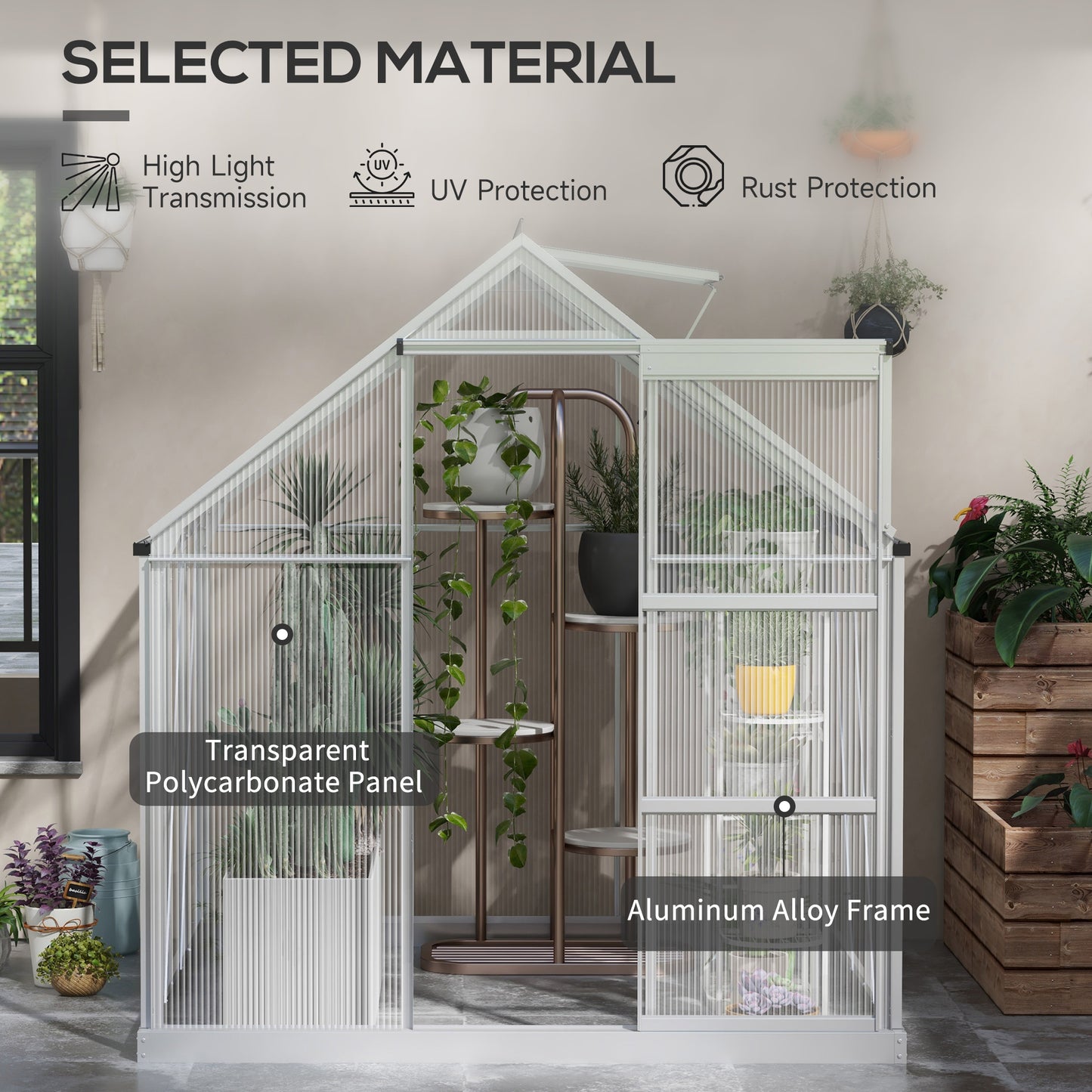 Walk-In Greenhouse, Polycarbonate Greenhouse with Sliding Door, Window, Aluminium Frame, Foundation, Silver