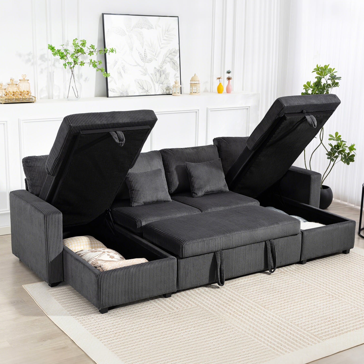 Convertible Sofa Bed, Corduroy U-Shaped Sleeper Sofa Couch with Storage Chaise, Pillows, Spring, Futon Couch, Grey