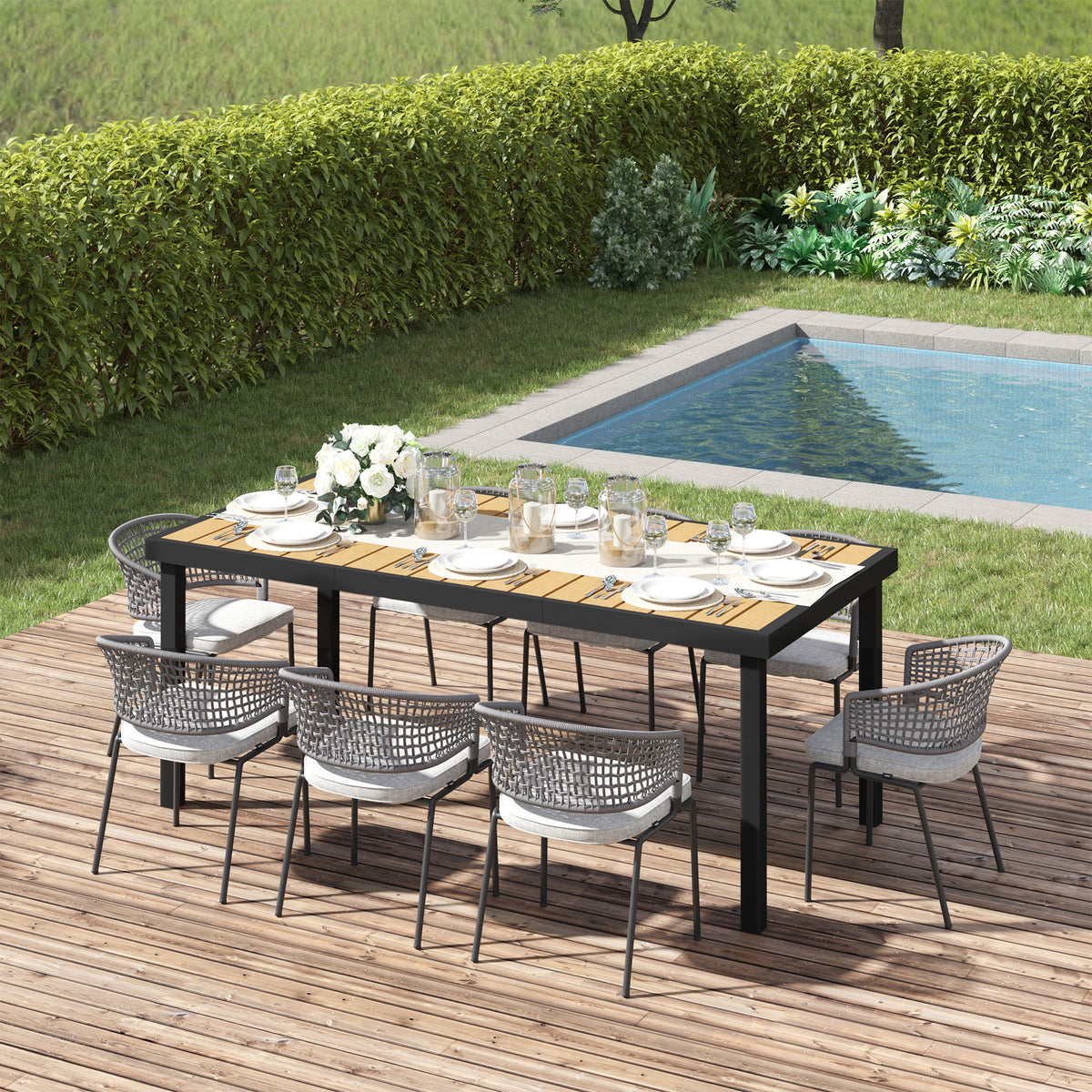 Patio Dining Table for 8, Rectangular Aluminum Outdoor Table for Garden Lawn Backyard, Black - Natural