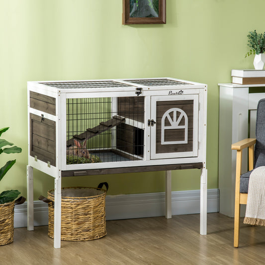 Rabbit Hutch Dual-Height Design Bunny House with Run Slide-Out Tray White and Coffee