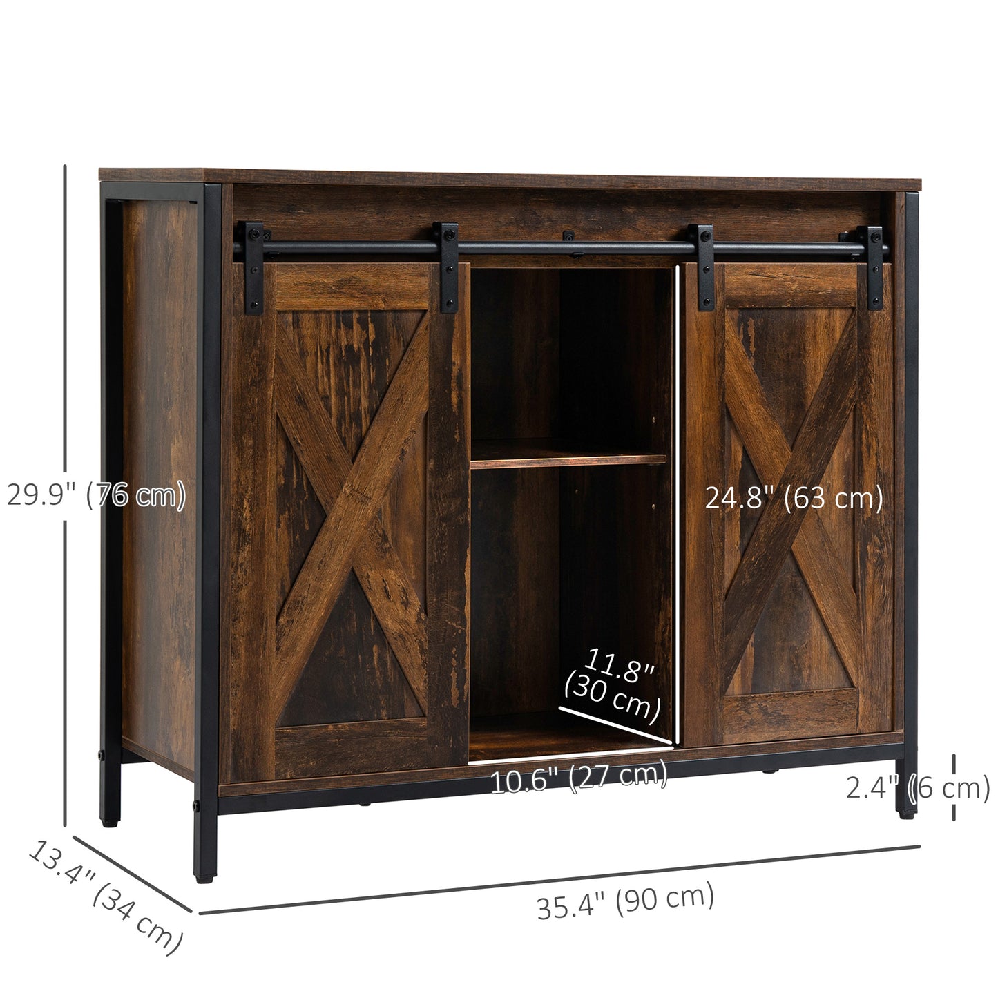 Industrial Sideboard, Buffet Cabinet with Sliding Barn Doors, Storage Cabinets and Adjustable Shelves for Living Room, Kitchen, Home Bar, Rustic Brown