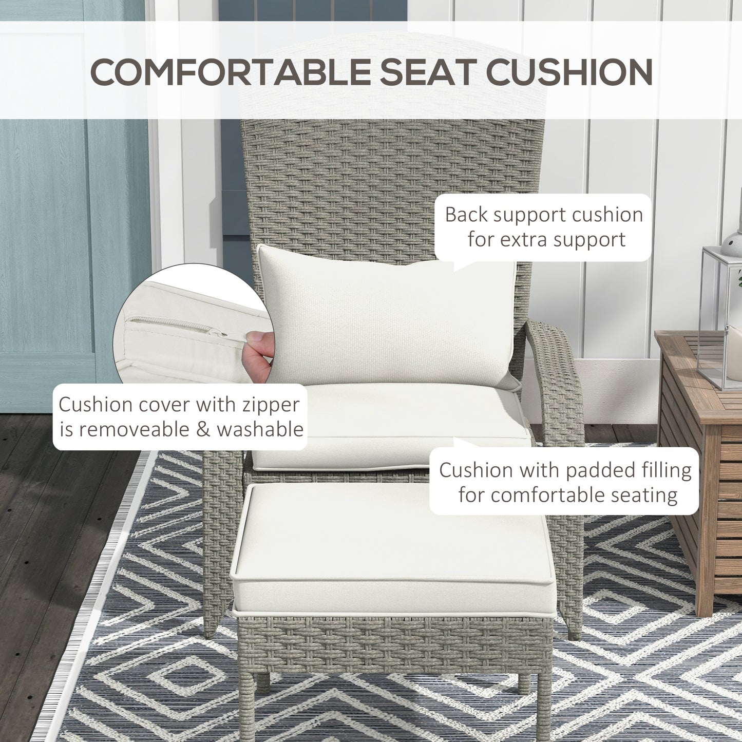 Wicker Adirondack Chair with Ottoman, Patio Cushioned Muskoka Chair, Outdoor Fire Pit Chair with High-back and Armrests, for Deck, Garden, Backyard, Grey/Cream White