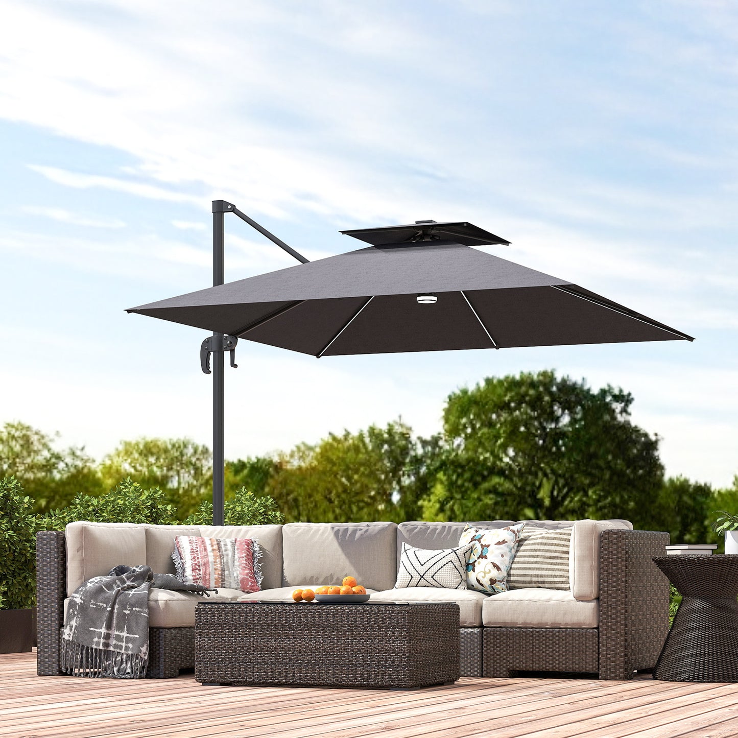 8' Cantilever Patio Umbrella with LED Lights, 360°Rotation, Tilt & Height Adjustment, Crank, Cross Base, Dark Grey