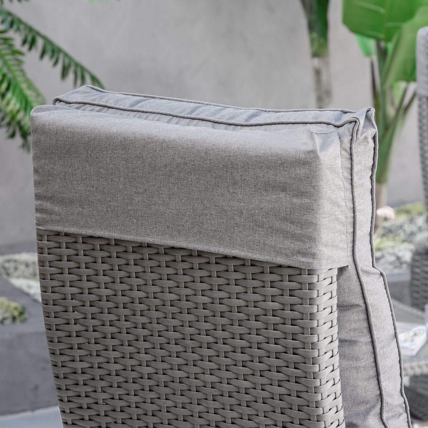 3 Pieces Patio Wicker Bistro Set, PE Rattan Coffee Table & Adjustable Recline Chairs Furniture Set with Cushions and Wood Grain Plastic Top, Grey
