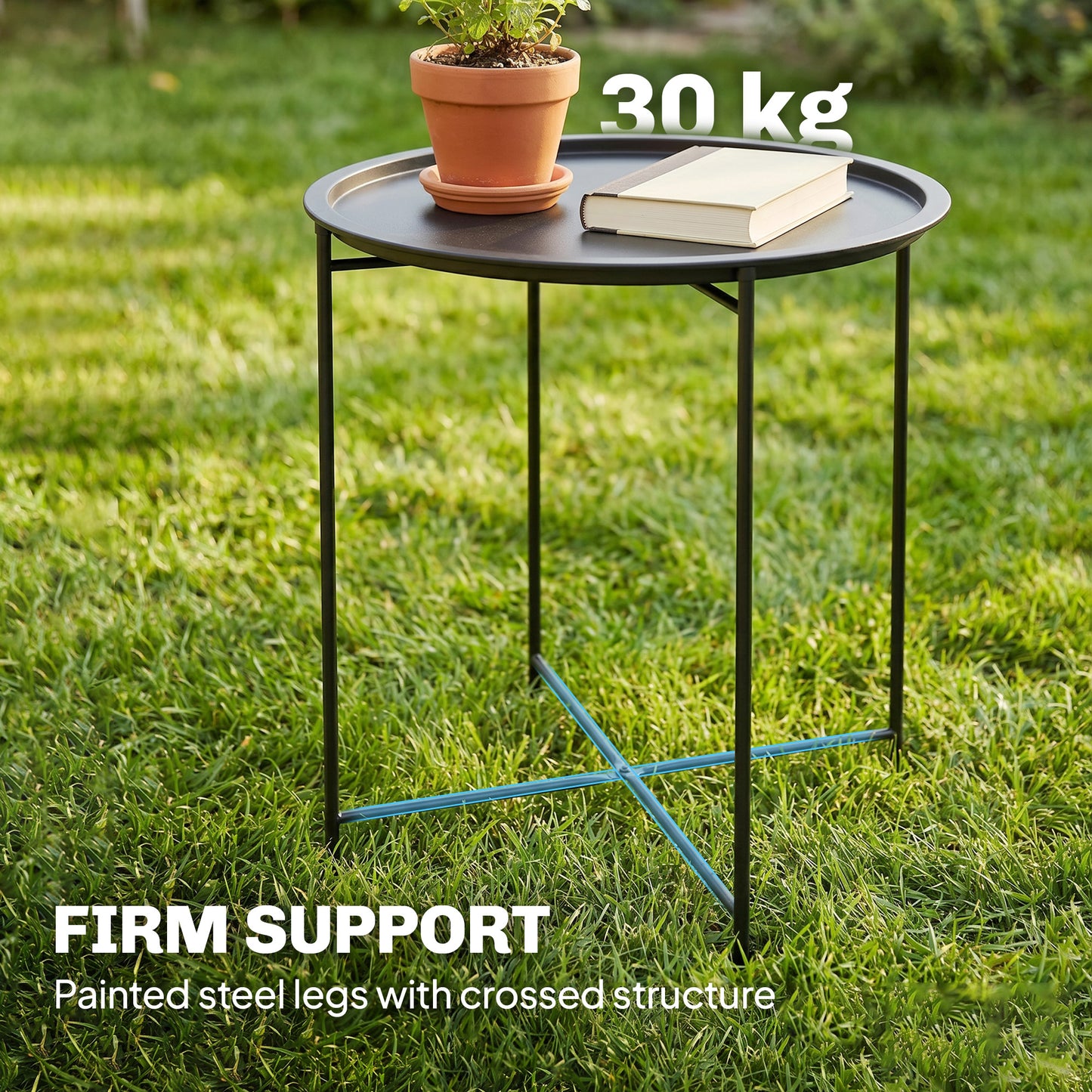 18" Outdoor Side Table with Removable Tray and Folding Legs, Indoor Outdoor for Balcony, Porch, Black