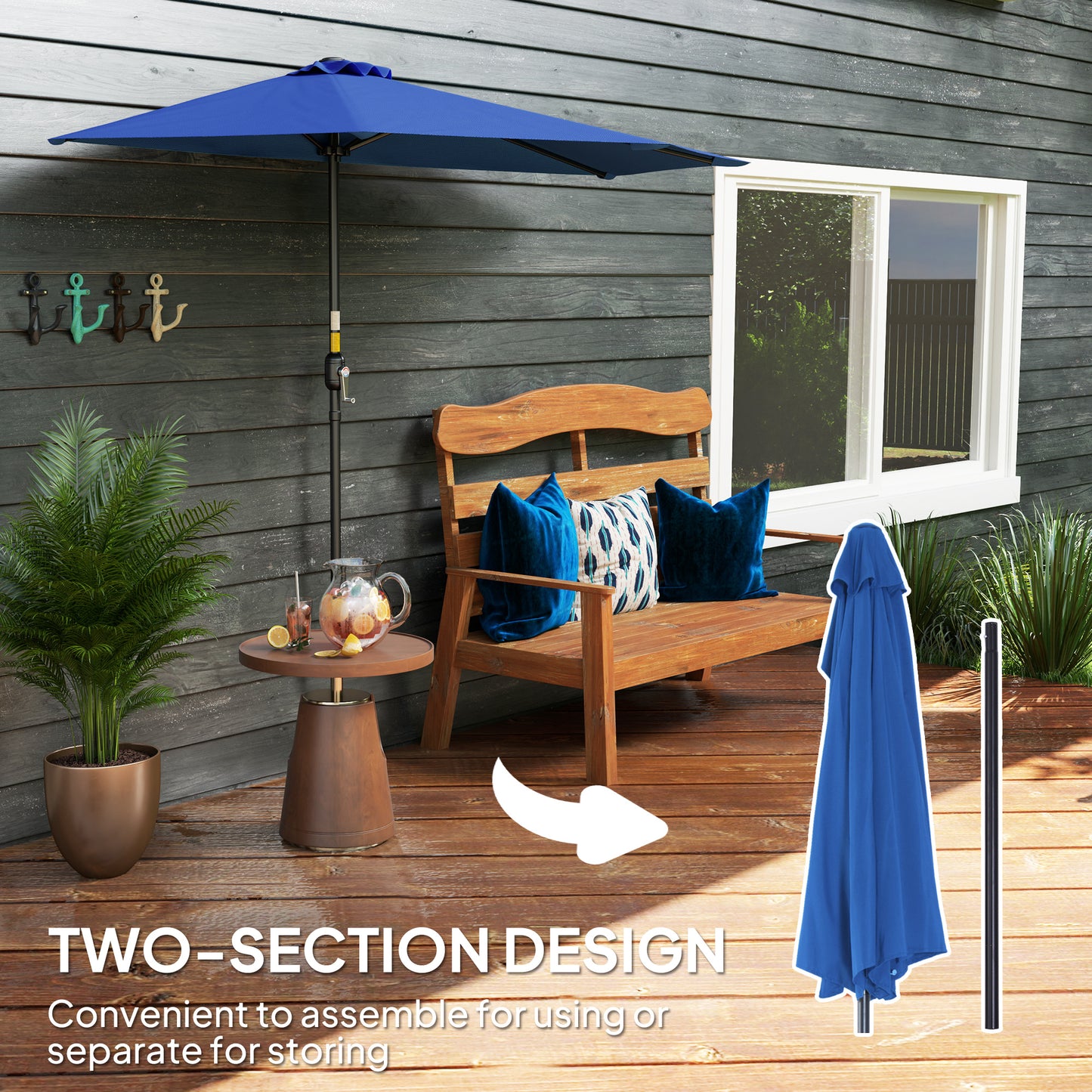 9ft Deep Blue Half Round Umbrella with 5 Ribs