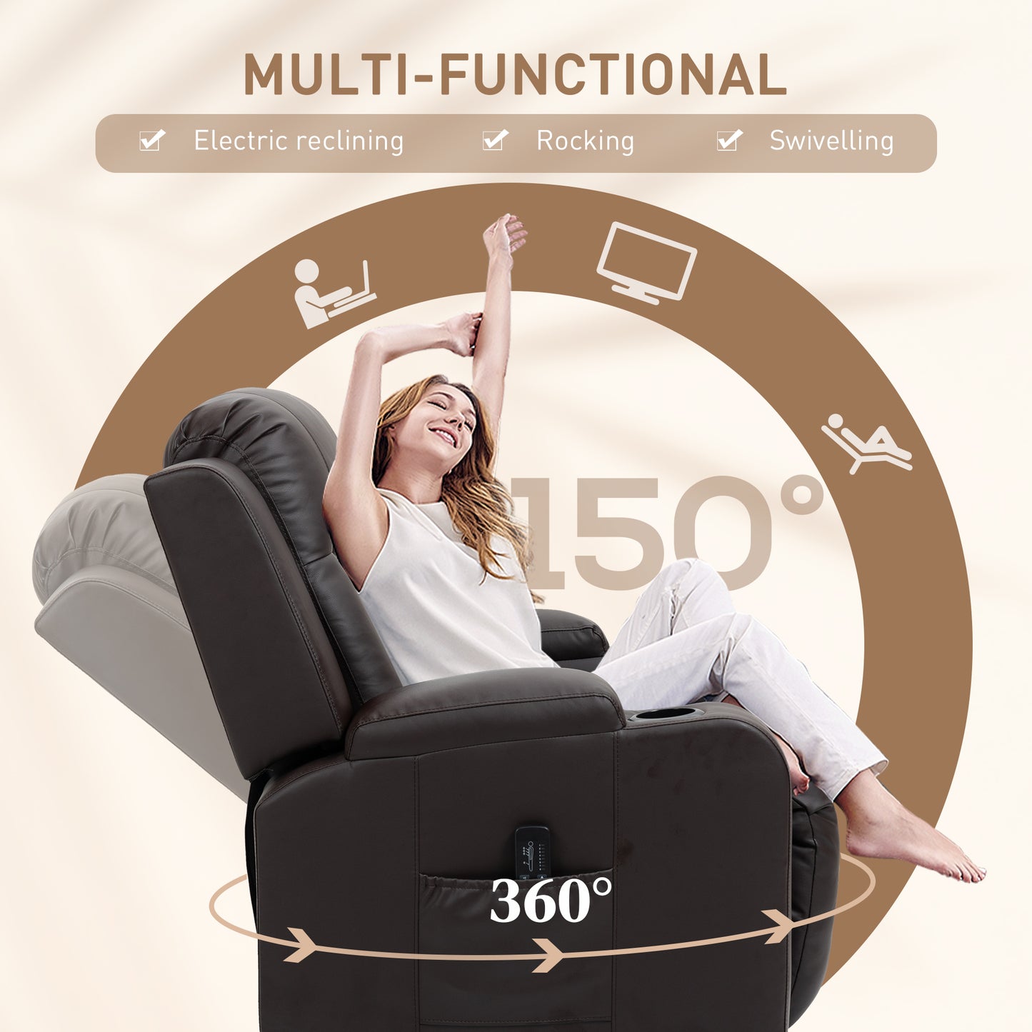 Swivel Massage Recliner Chair Rocker, Overstuffed Manual Reclining Sofa, PU Leather Rocking Chair with Side Pockets, Cup Holders, for Living Room, Nursery, Brown