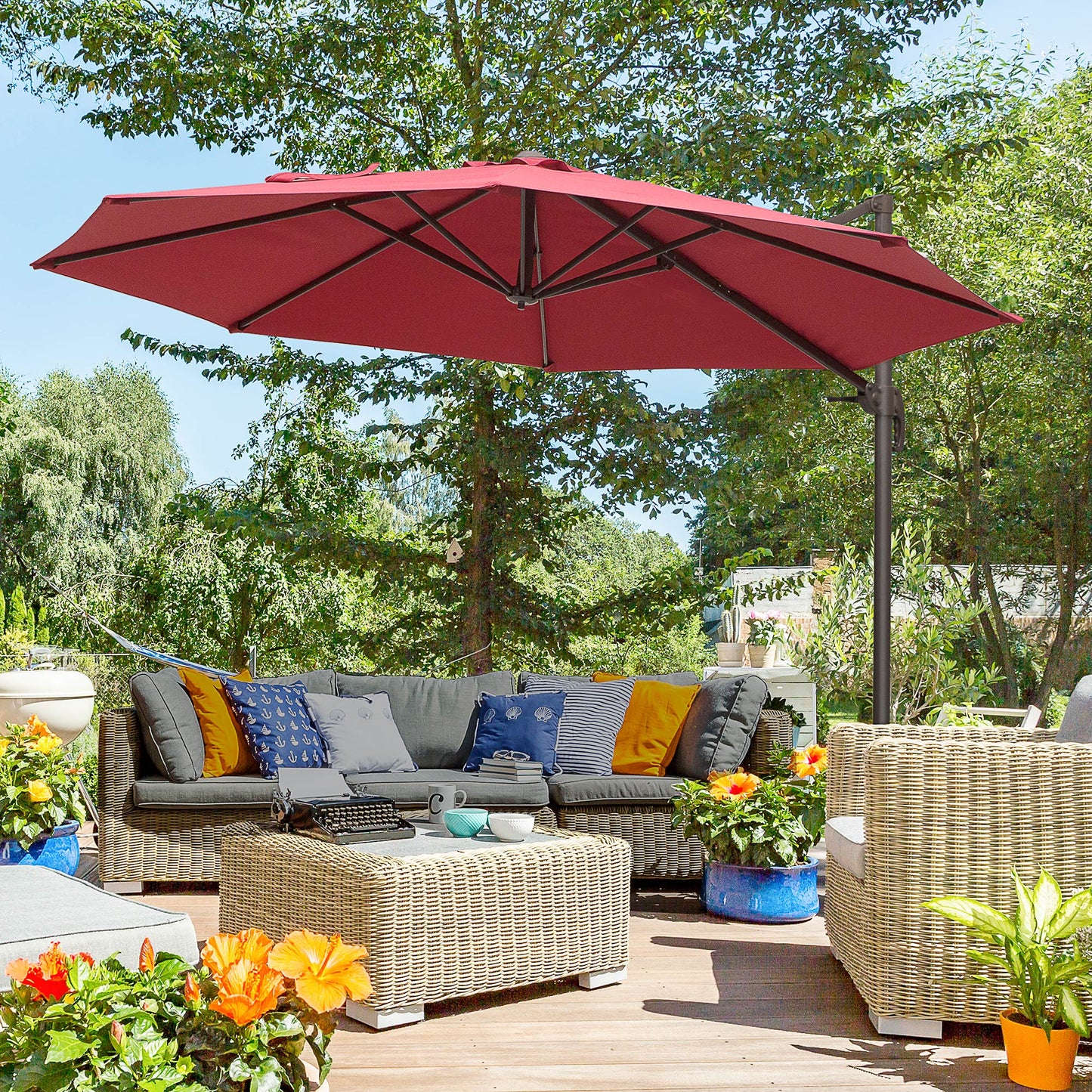 10ft Cantilever Patio Umbrella with 360° Rotation, Crank & Cross Base for Garden Deck Pool Backyard, Wine Red