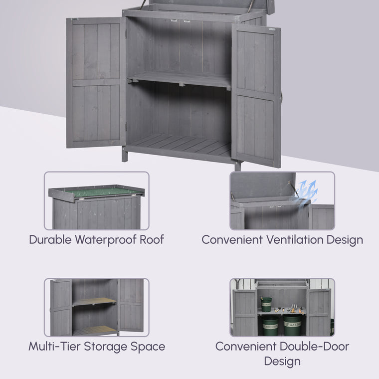 Wood Storage Shed with Double Doors and Tiered Shelves