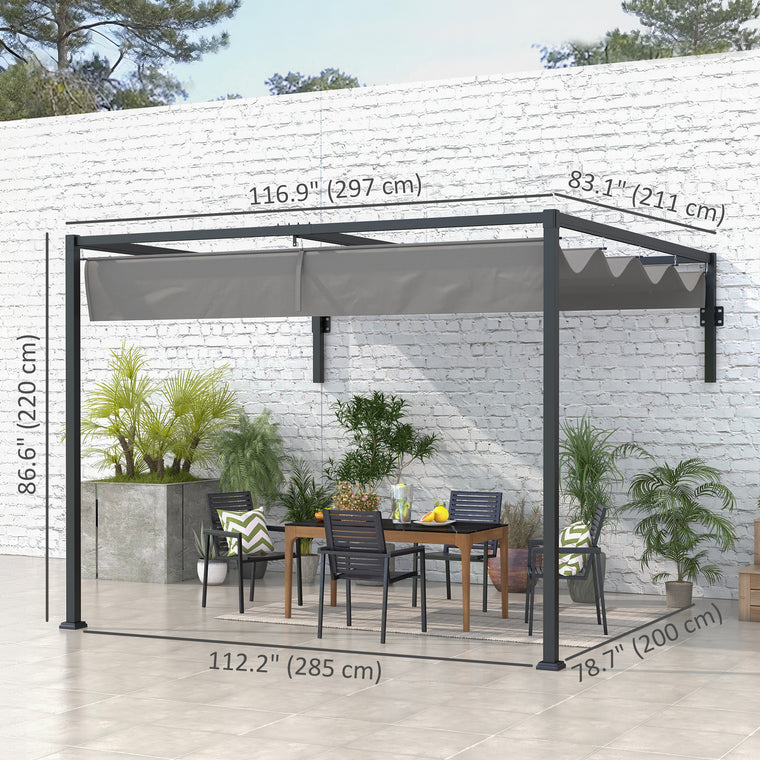 10' x 7' Lean-To Metal Pergola with Retractable Roof