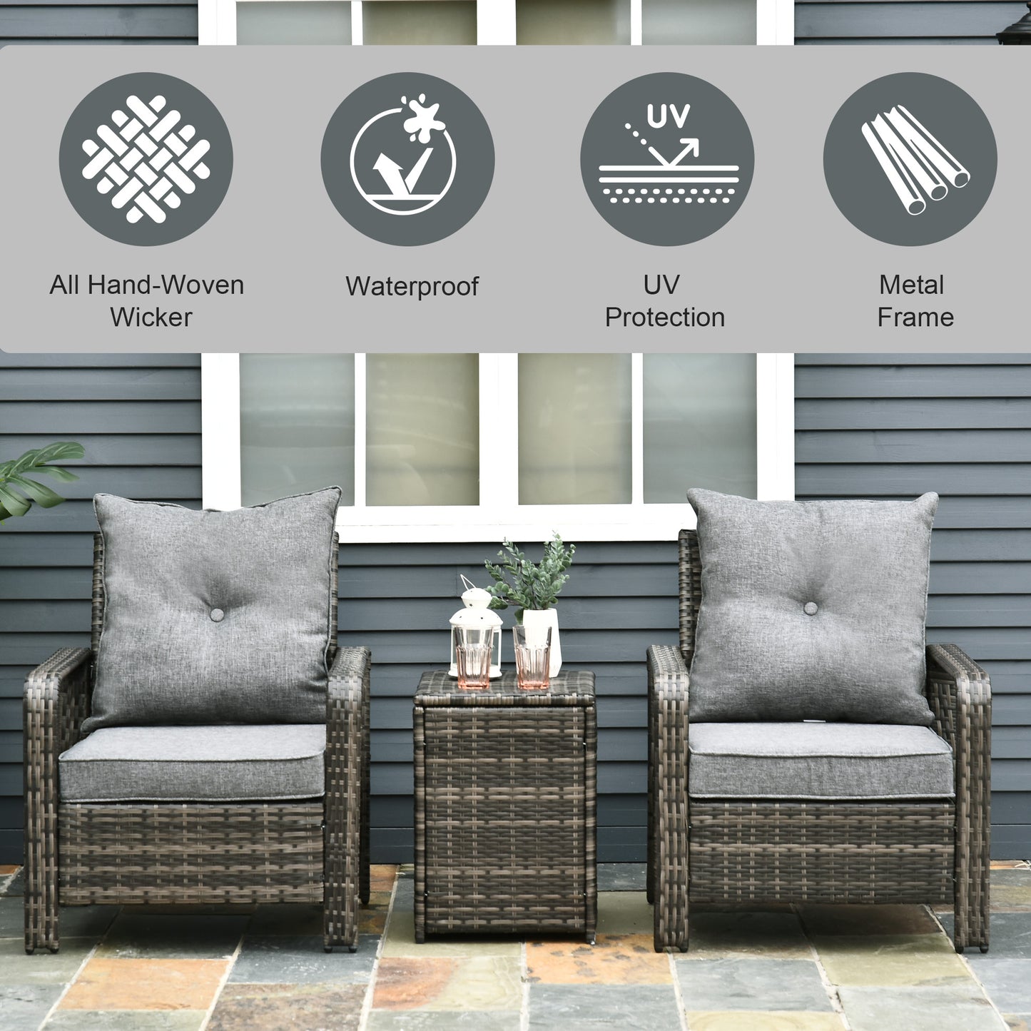 3 Pieces Wicker Patio Furniture Set, Rattan Bistro Set with Storage Coffee Table and Thickened Cushions, Outdoor Conversation Set for Garden, Porch, Balcony, Beige