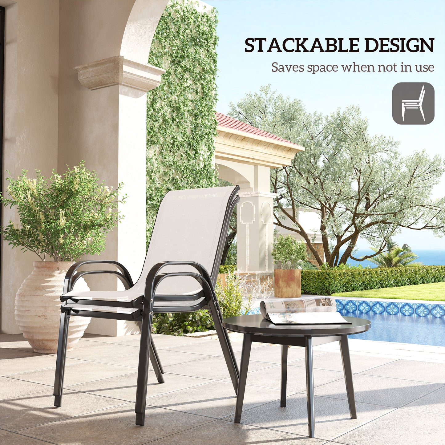 Set of 2 Outdoor Dining Chairs, Stackable Lawn Chairs with High Back, Breathable Mesh Seat for Garden Porch, Black
