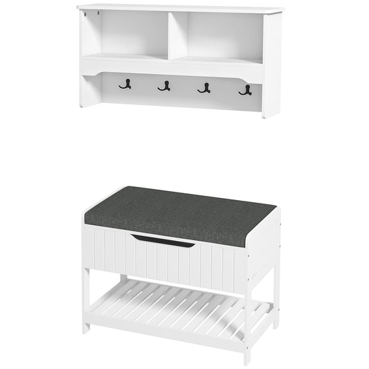 Hall Tree Coat Rack with Shoe Storage Bench - White