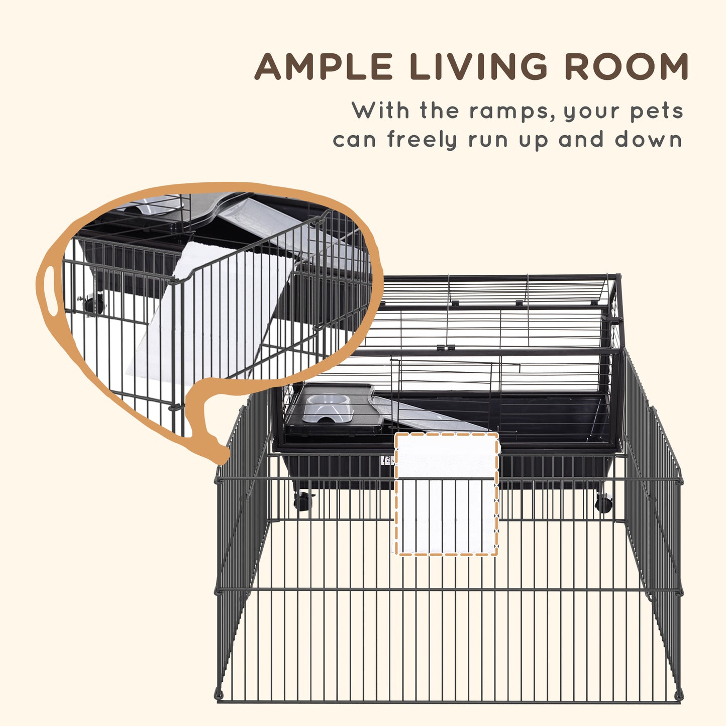 Guinea Pig Cage with Foldable Detachable Playpen, Rolling Rabbit Chinchilla Hedgehog Bunny Cage Small Animal Habitat with Water Bottle, Hay Feeder