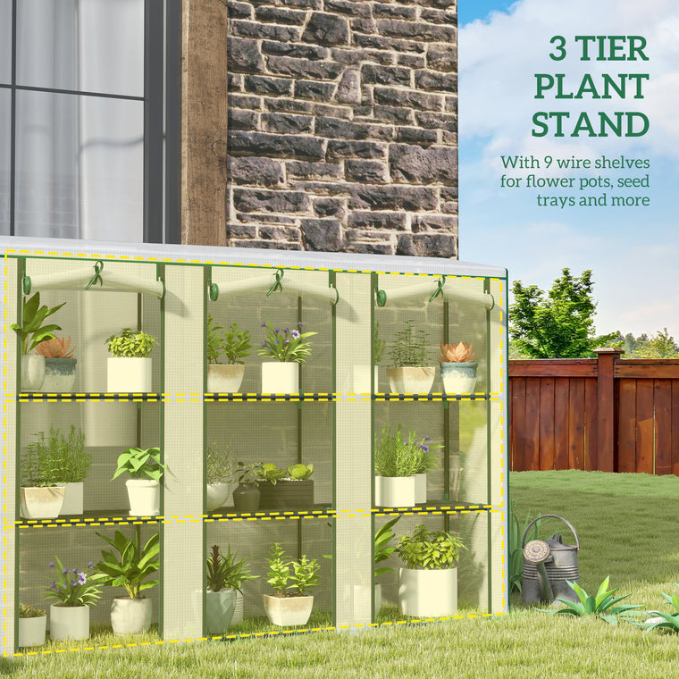 White Lean-To Greenhouse with 3-Tier Shelves & Roll-Up Doors
