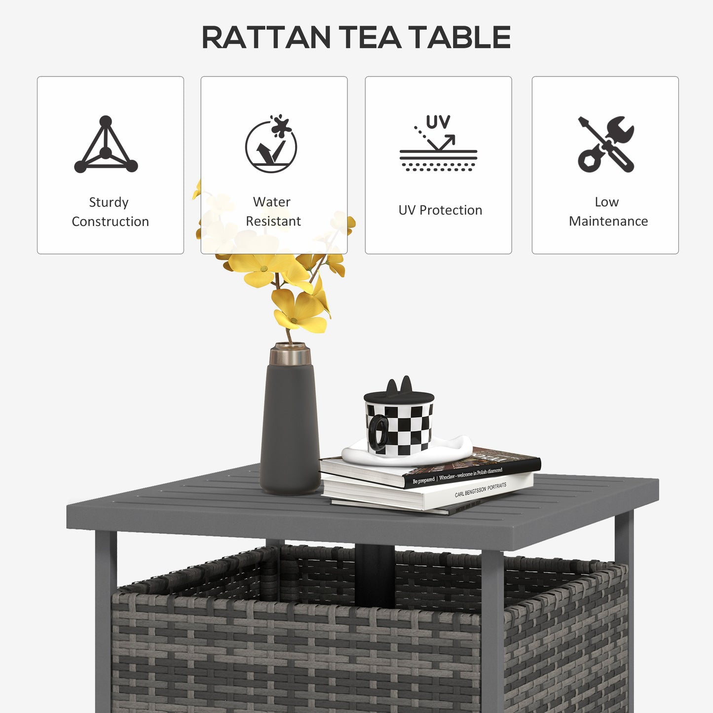 Rattan Coffee Wicker Patio Table w/ Umbrella Hole for Backyard Mixed-Grey