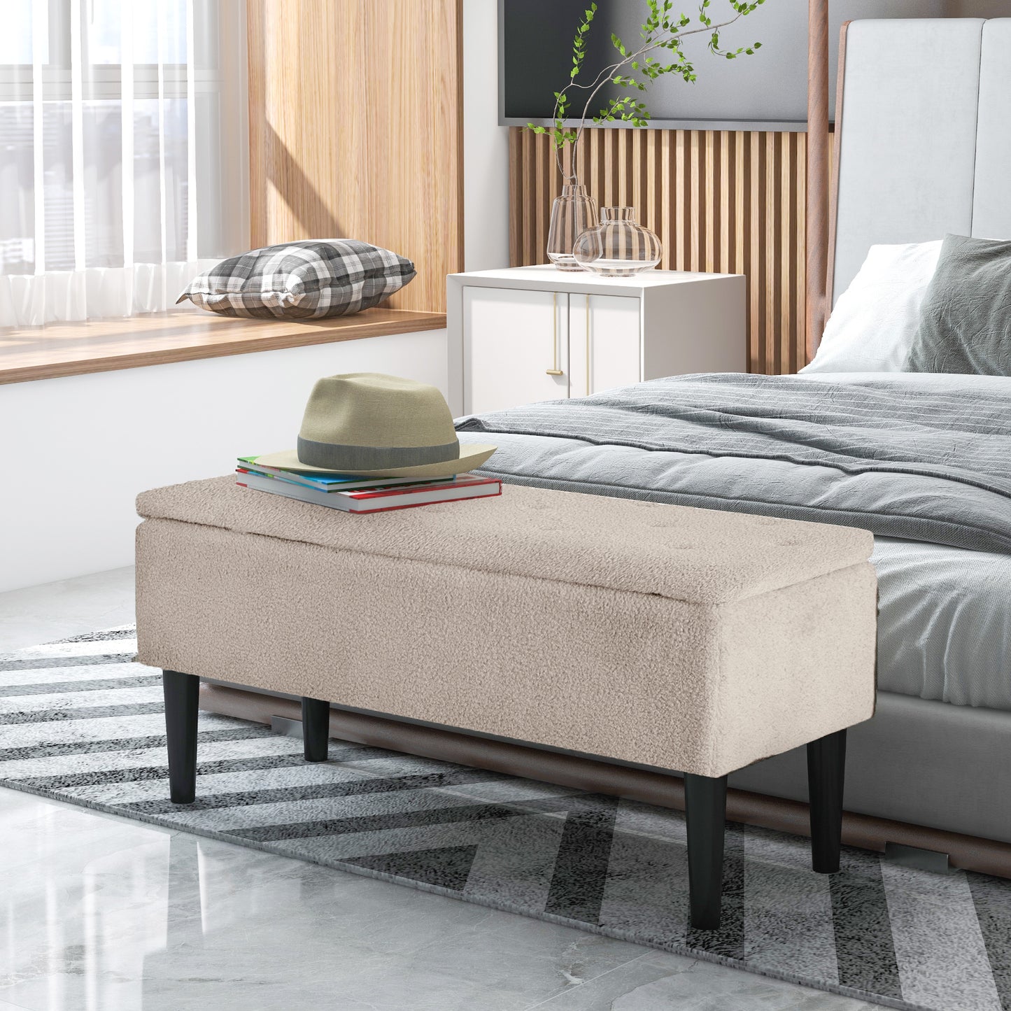Modern Storage Bench, Ottoman with Storage and Lamb's Wool Upholstery for Living Room, Bedroom, Cream White