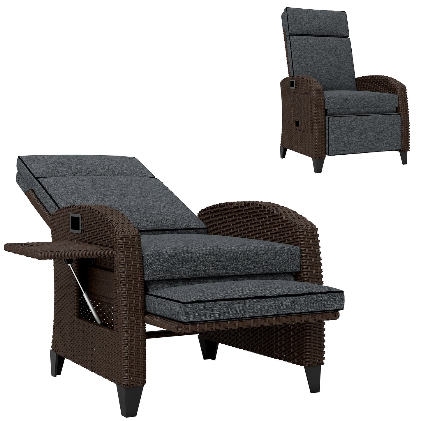 Outdoor Recliner Chair with Adjustable Backrest, Cushion, Side Tray, Dark Grey
