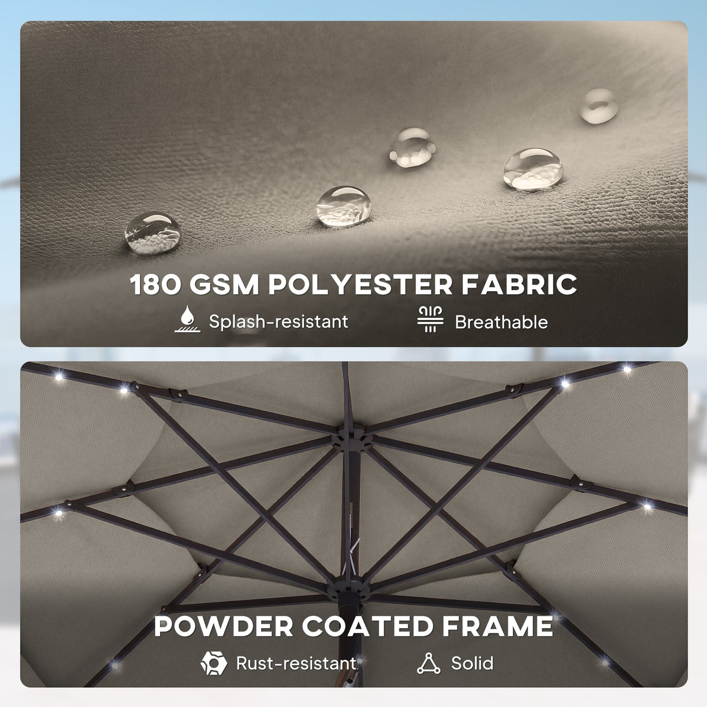 9.3' Grey Market Umbrella with Solar LED Lights & Tilt Crank