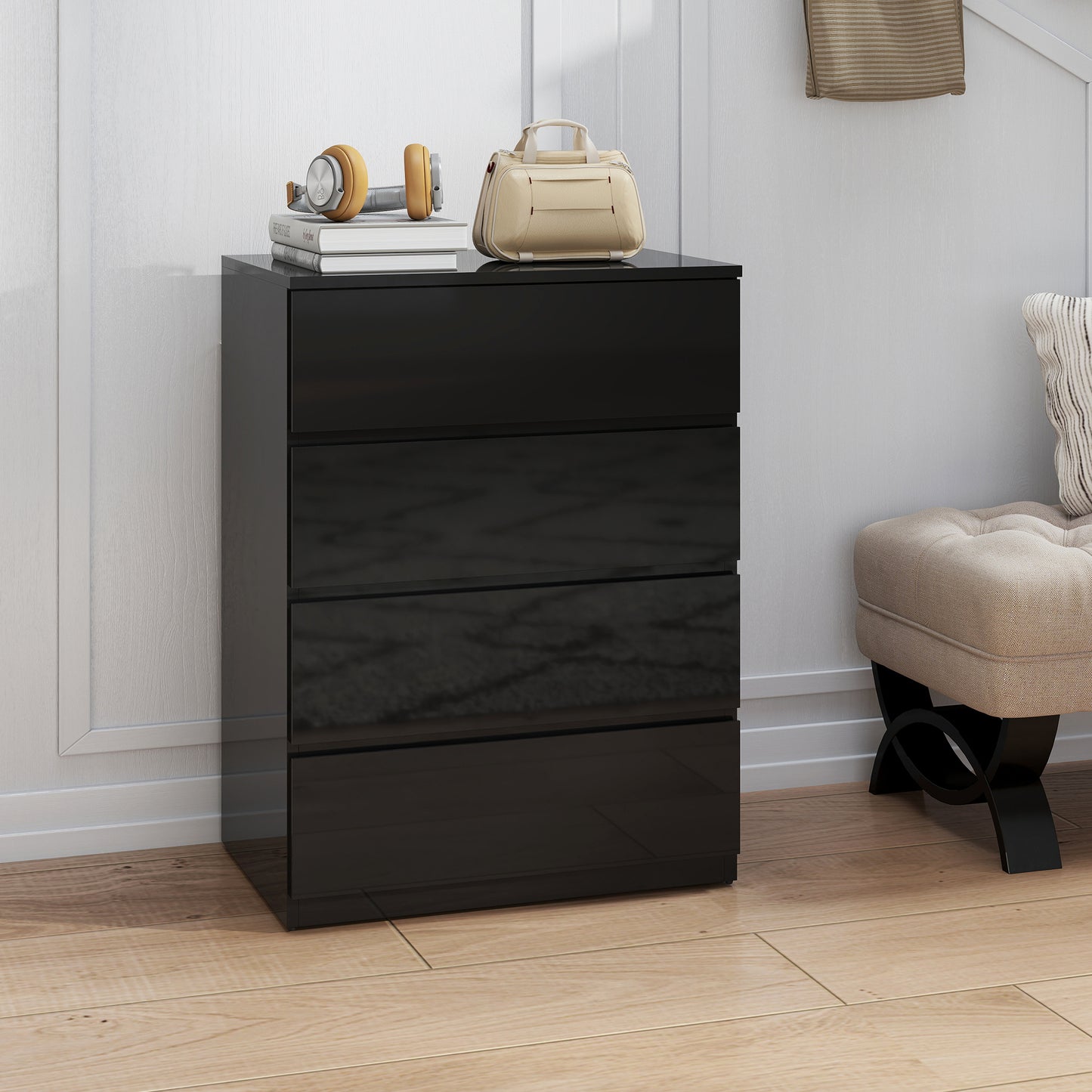 4 Drawer Cabinet, High Gloss Drawer Chest for Bedroom, Chest of Drawers with Metal Runners and Groove Handles, Black