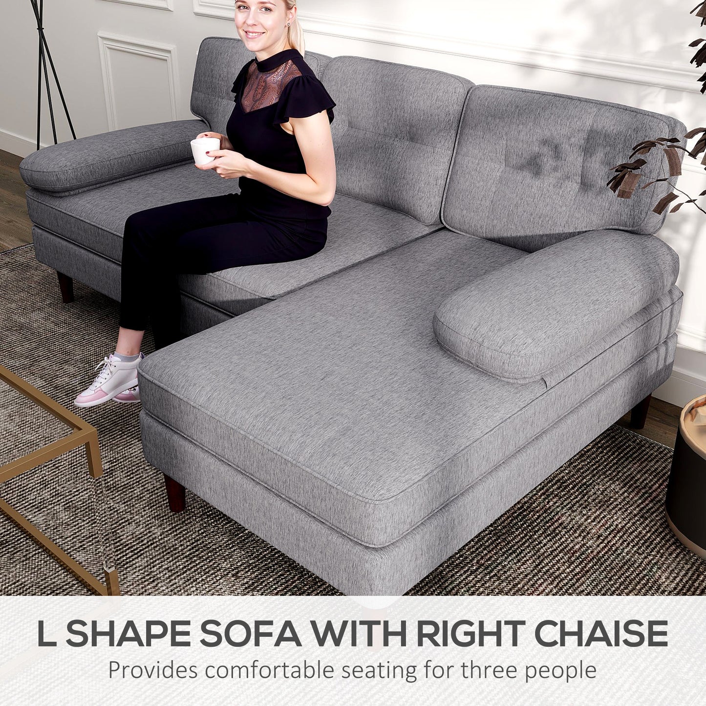 Modern Corner Couch with Right Chaise Lounge, Tufted 3-Seater Sofa with Wooden Legs for Living Room, Grey