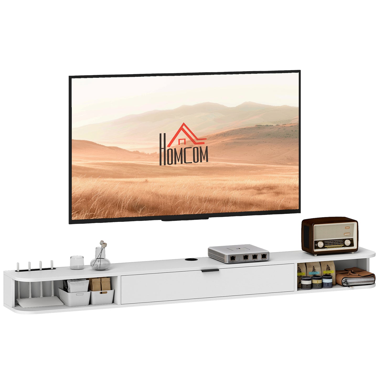 71" Floating TV Stand for TVs up to 75 Inch, Wall Mounted Media Console with Flip Drawer and 2 Open Shelves, White