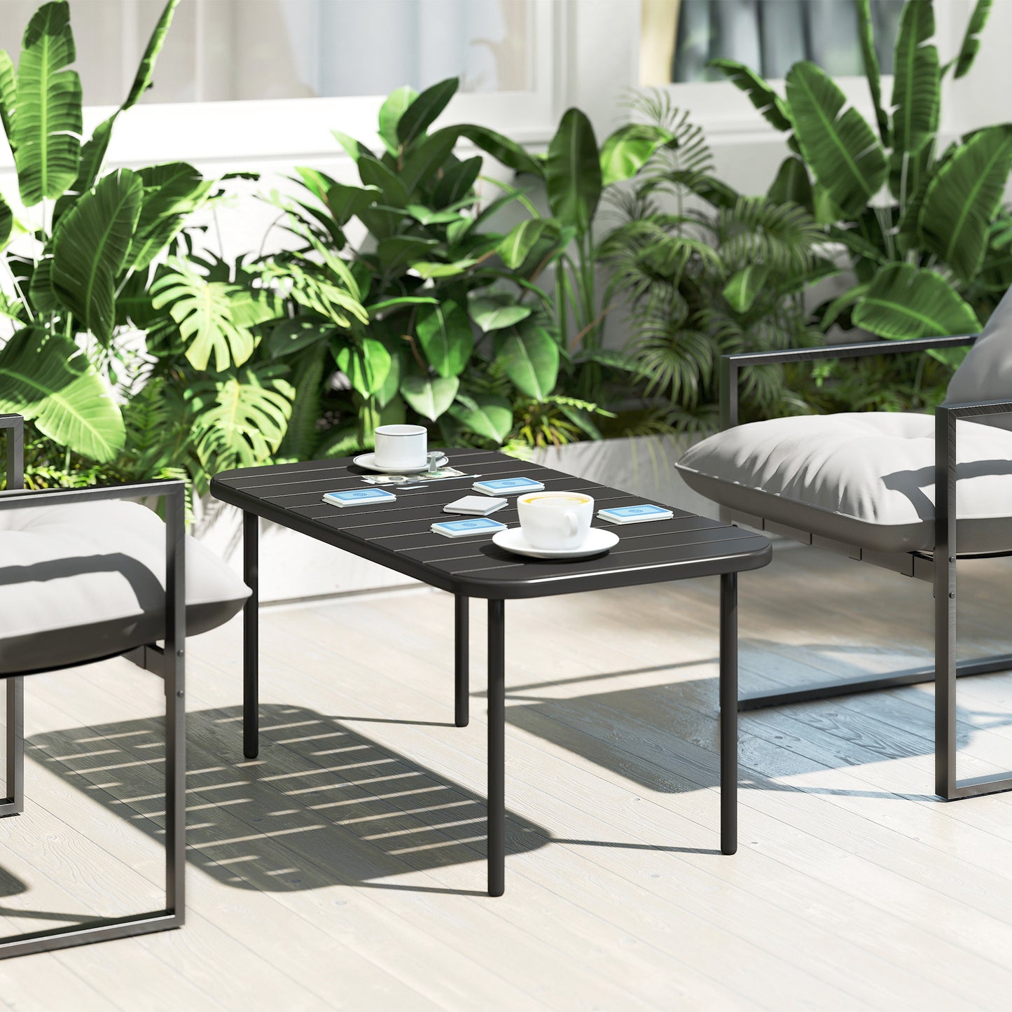 Outdoor Coffee Table, All-Weather Rectangle Metal Patio Coffee Table with Slatted Tabletop for Outside