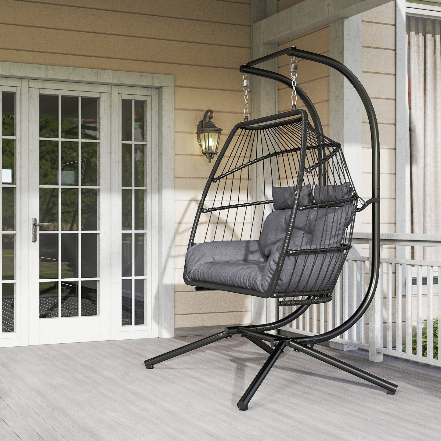 Double Wicker Egg Swing Chair with Stand, Foldable Hanging Egg Chair with UV Resistant Cushion, Headrest, Cream White