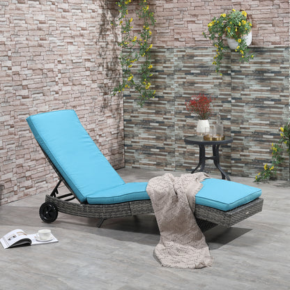 Sky Blue Wicker Chaise Lounge with Wheels