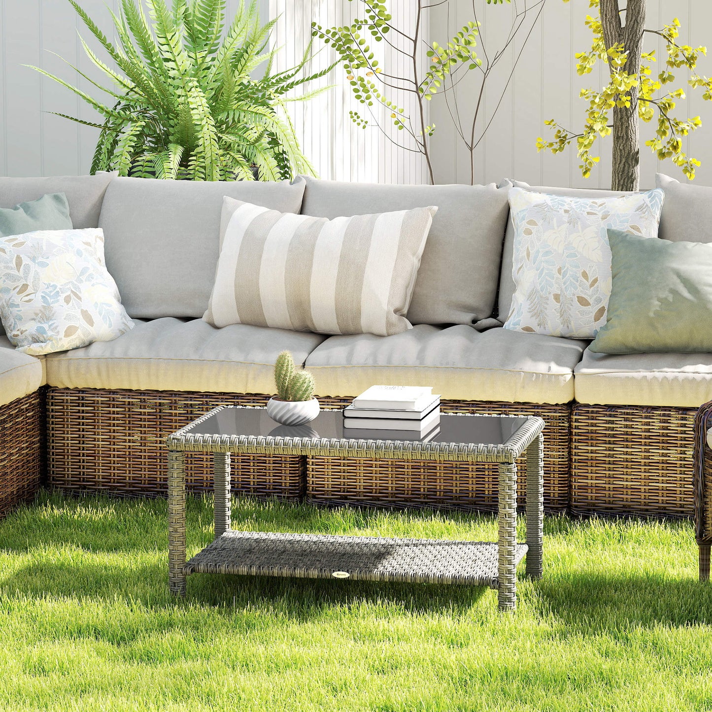 35" Outdoor Wicker Coffee Table with Glass Top, Storage Shelf for Garden Porch Balcony Deck, Dark Grey