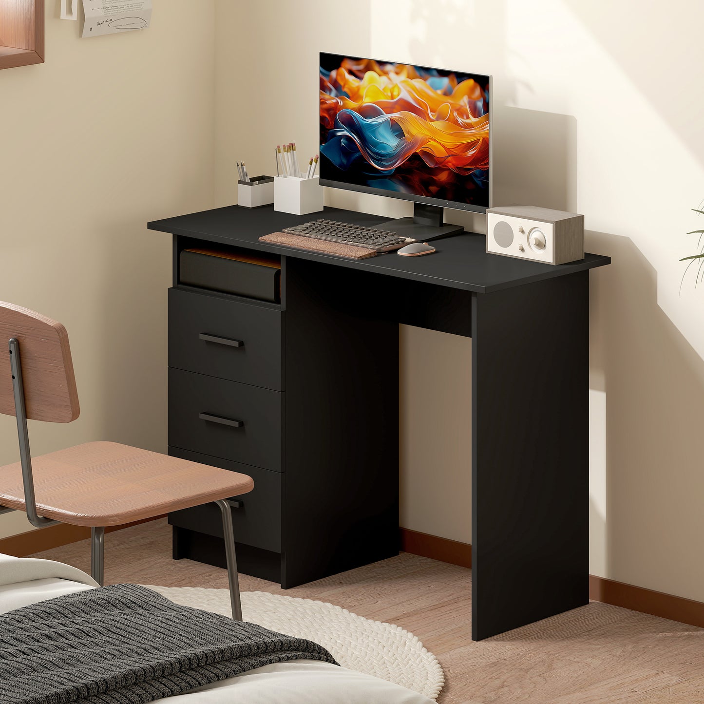 Computer Desk with Storage, 39" Home Office Desk with 3 Drawers and Open Shelf, Writing Table for Bedroom, Black