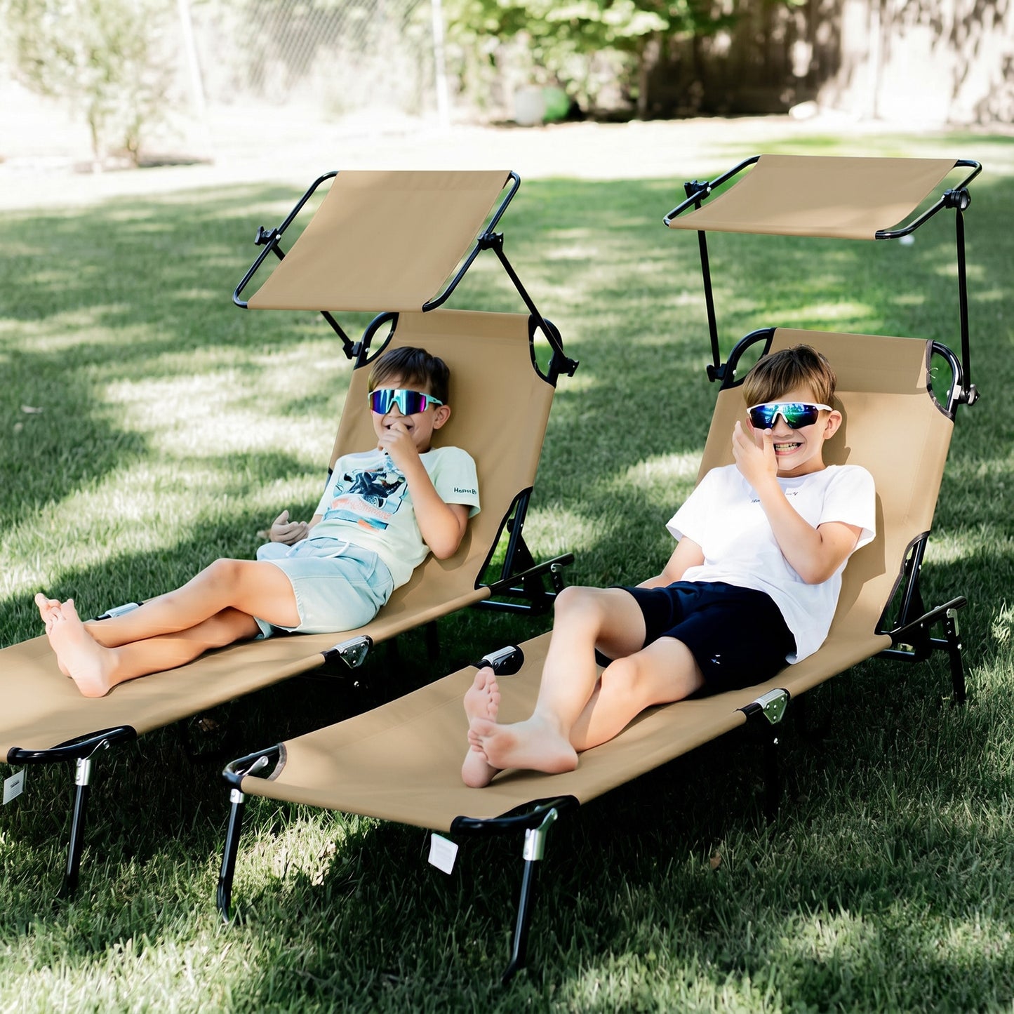 2 Piece Folding Outdoor Chaise Lounges, Pool Tanning Chairs with Reclining Back, Sunshade for Beach, Patio, Dark Grey