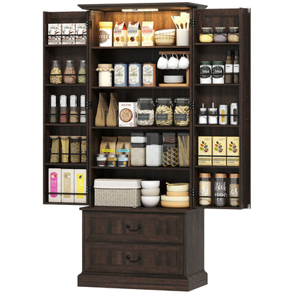 72" LED Pantry Cabinet with 2 Drawers - Brown