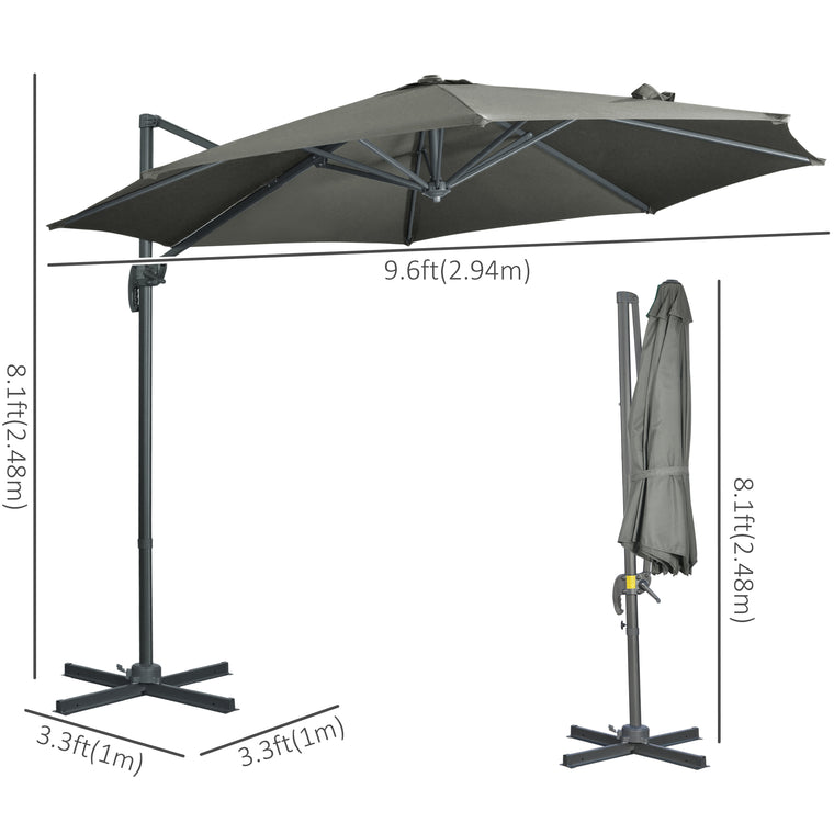 9.6' Grey Aluminum Cantilever Umbrella with 360° Rotation