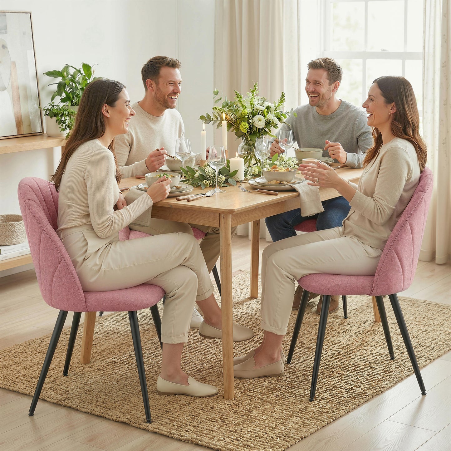Modern Dining Chairs Set of 4, Upholstered Dining Room Chairs with Metal Legs, Shell Backrest, Padded Seat, Pink