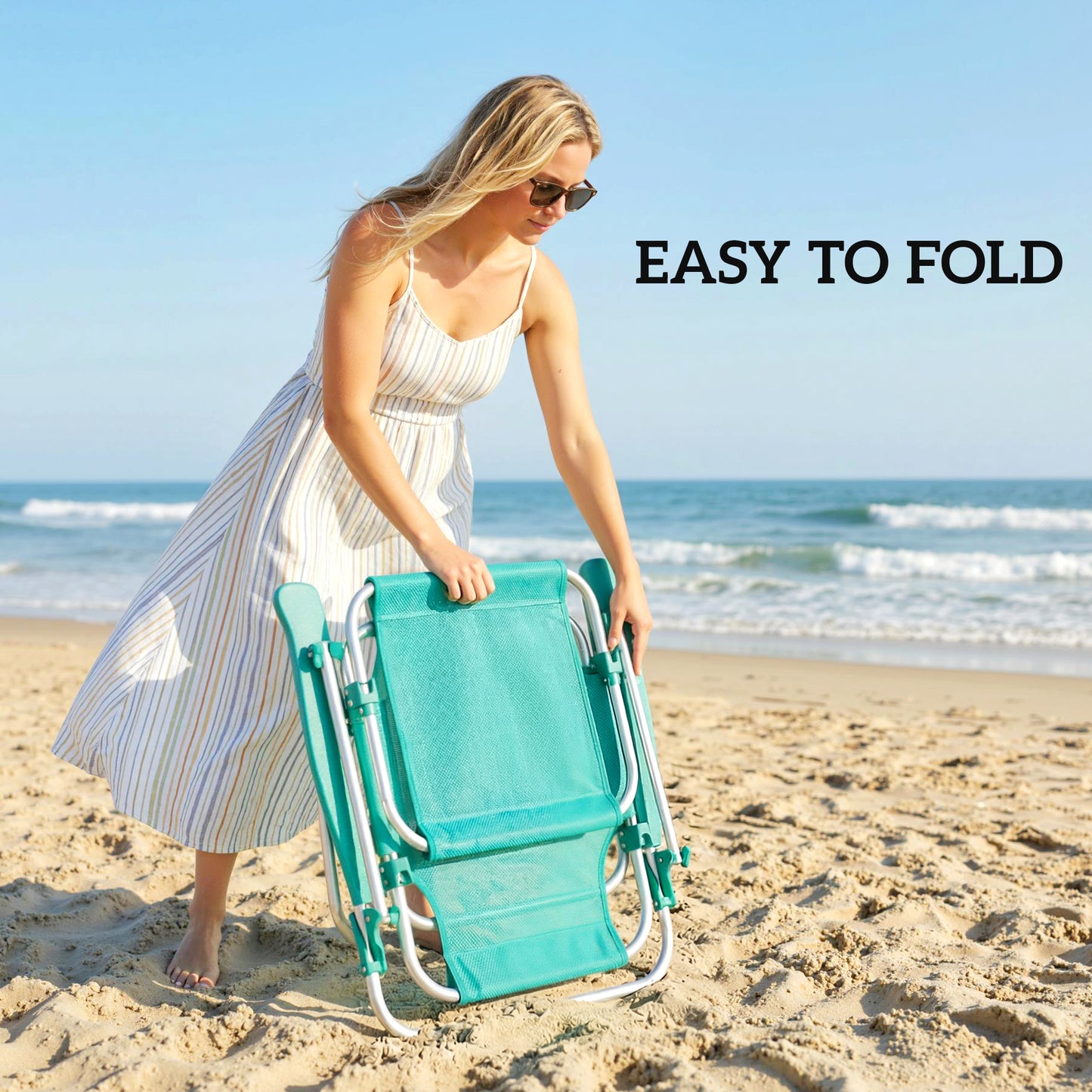 2 Piece Folding Beach Chairs with Adjustable Canopy, 6-Position Reclining Lounge Chair with Headrest, Turquoise
