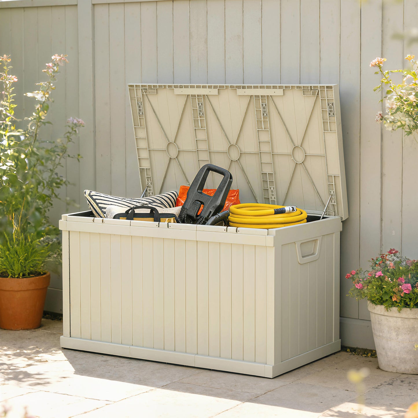 70-Gallon Resin Deck Box with Handles - Sand