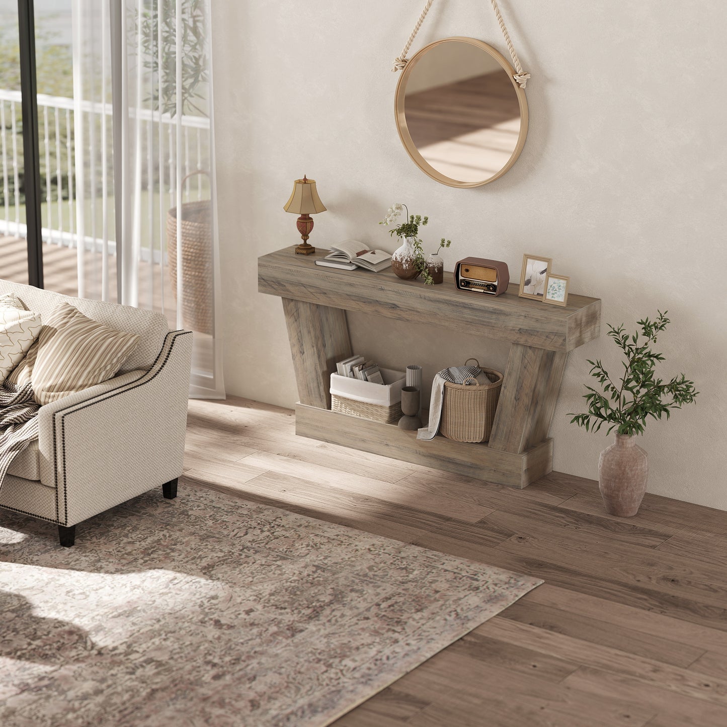 63 Inch Vintage Console Table, Narrow Entryway Table with Open Shelf for Living Room, Light Brown