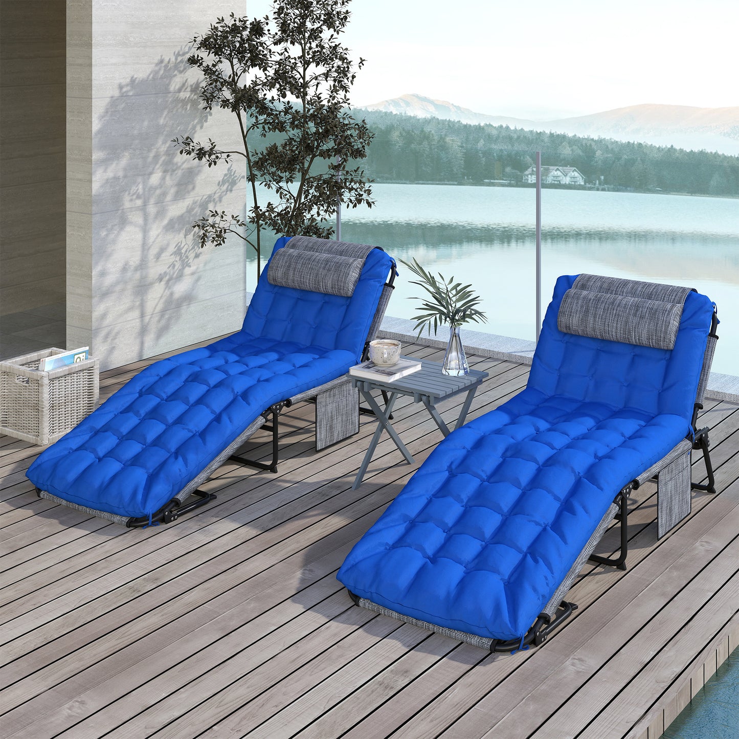 2-Piece Folding Lounge Chairs with Adjustable Backrest, Tanning Chair with Cushion, Side Pocket, Headrest, Beige