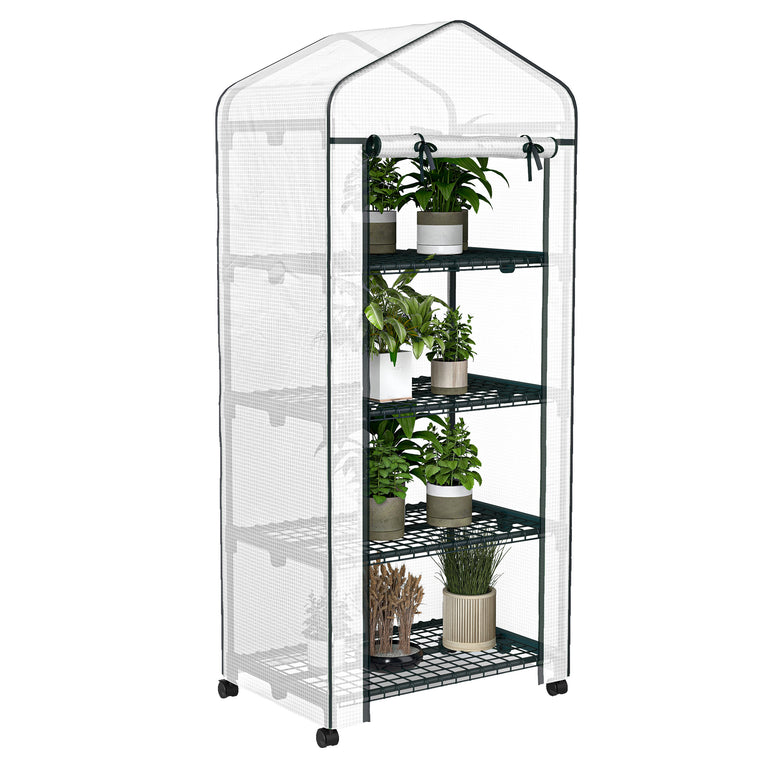 White Portable Greenhouse with 4-Tier Shelves & PE Cover